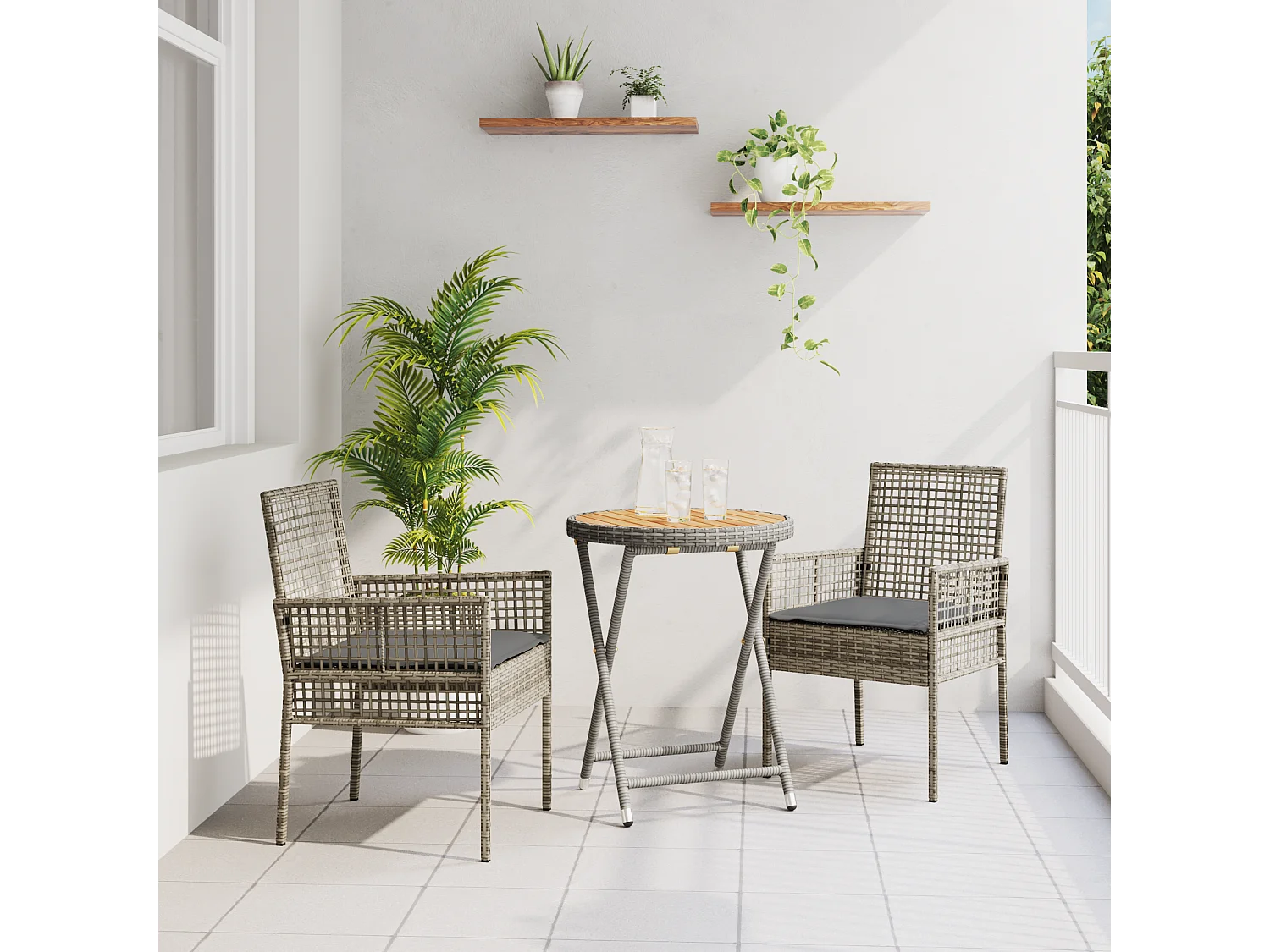 Ensemble Bistro de Jardin 3 Pièces avec Coussins Gris en Poly Rattan