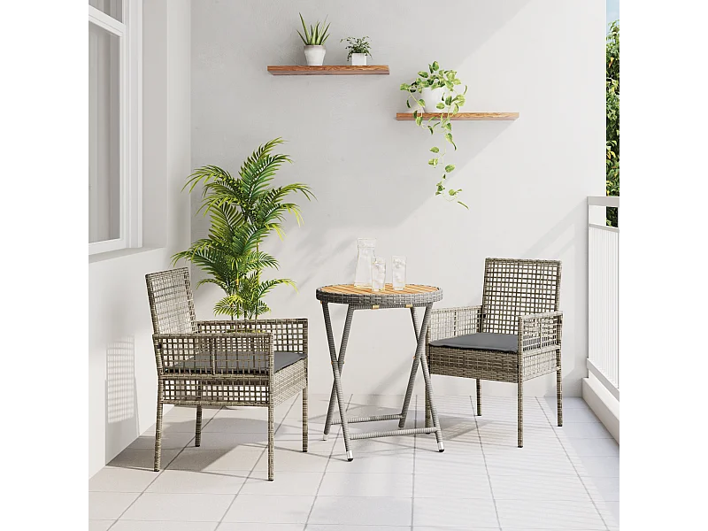 Ensemble Bistro de Jardin 3 Pièces avec Coussins Gris en Poly Rattan