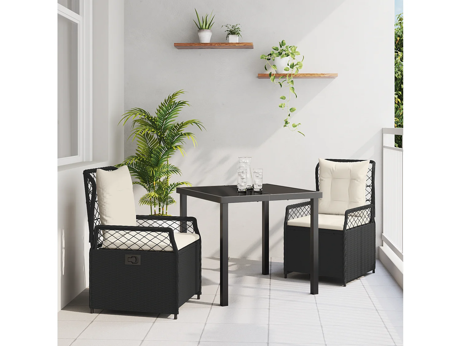 Juego de comedor de jardín de 3 piezas de ratán sintético negro