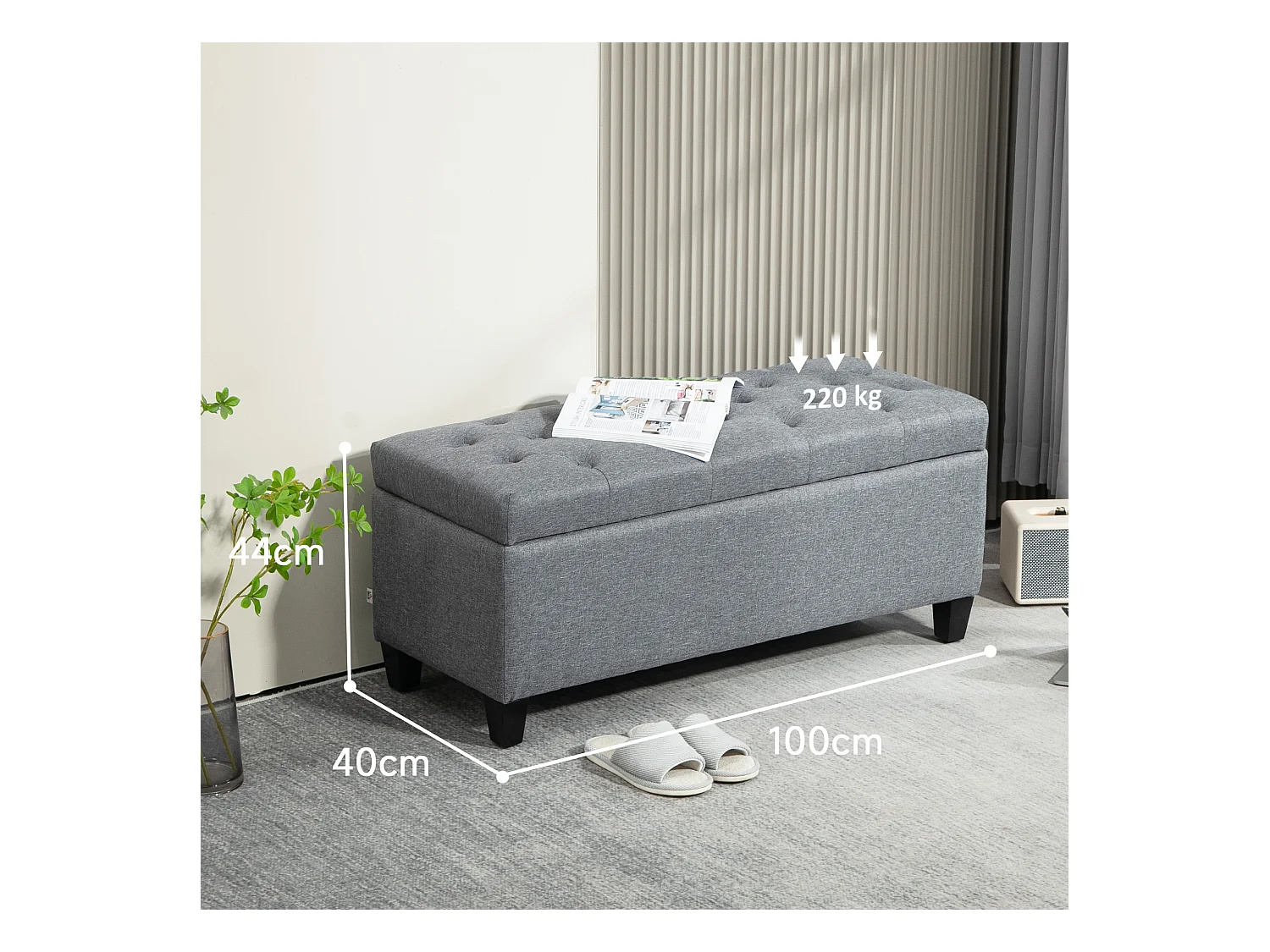 Banc coffre rembourré, rangement intégré, polyester effet lin, bois caoutchouc, gris clair (100x40x44cm)