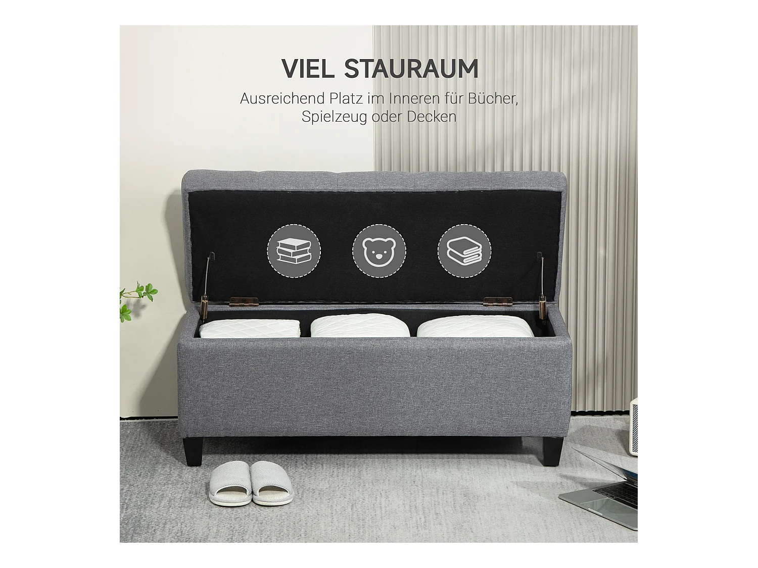 Banc coffre rembourré, rangement intégré, polyester effet lin, bois caoutchouc, gris clair (100x40x44cm)