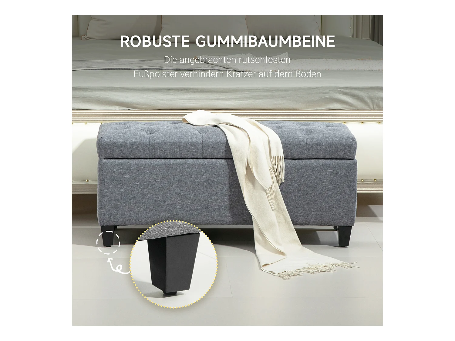 Banc coffre rembourré, rangement intégré, polyester effet lin, bois caoutchouc, gris clair (100x40x44cm)