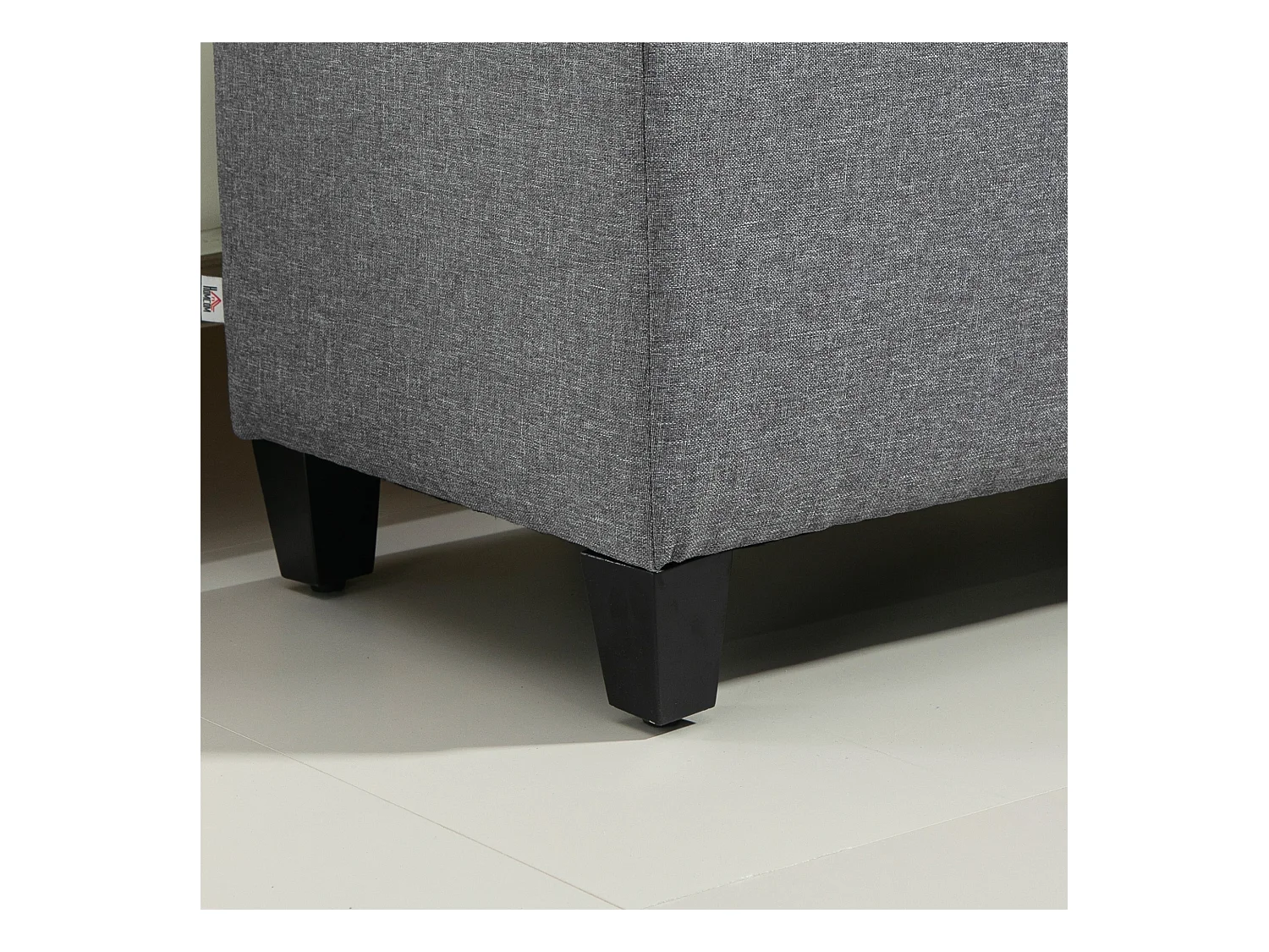 Banc coffre rembourré, rangement intégré, polyester effet lin, bois caoutchouc, gris clair (100x40x44cm)