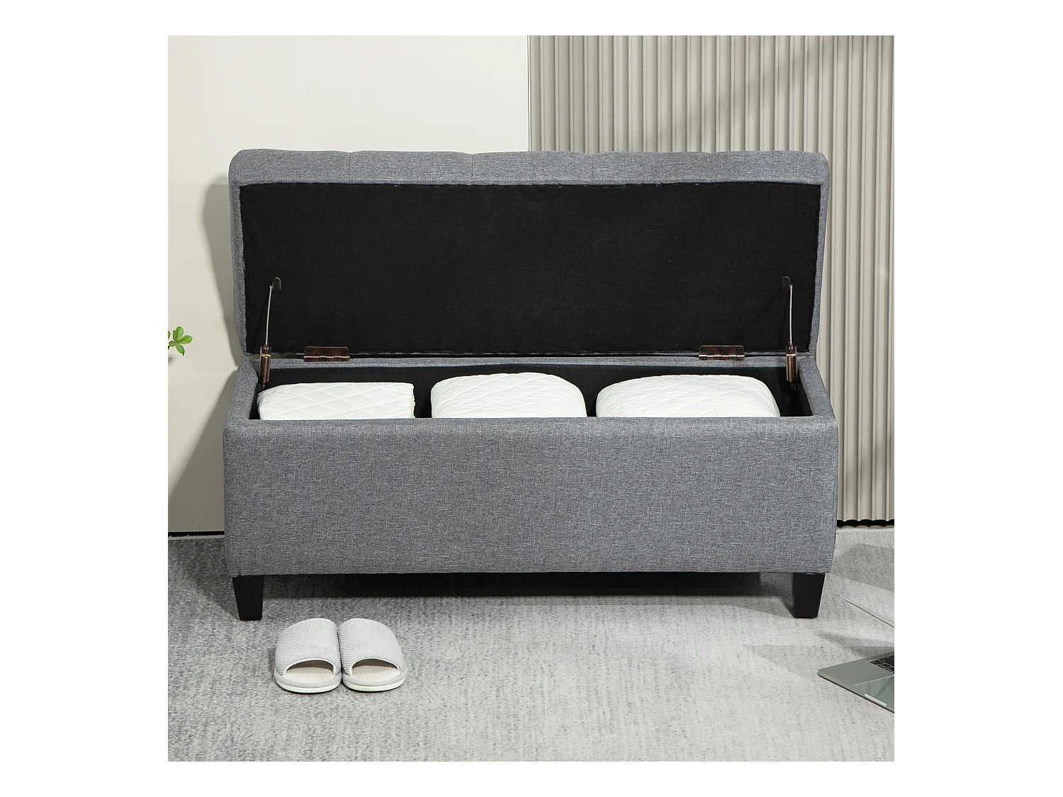 Banc coffre rembourré, rangement intégré, polyester effet lin, bois caoutchouc, gris clair (100x40x44cm)