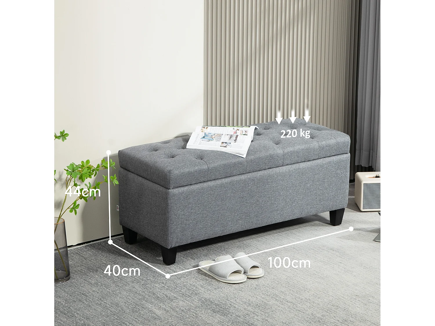 Banc coffre rembourré, rangement intégré, polyester effet lin, bois caoutchouc, gris clair (100x40x44cm)