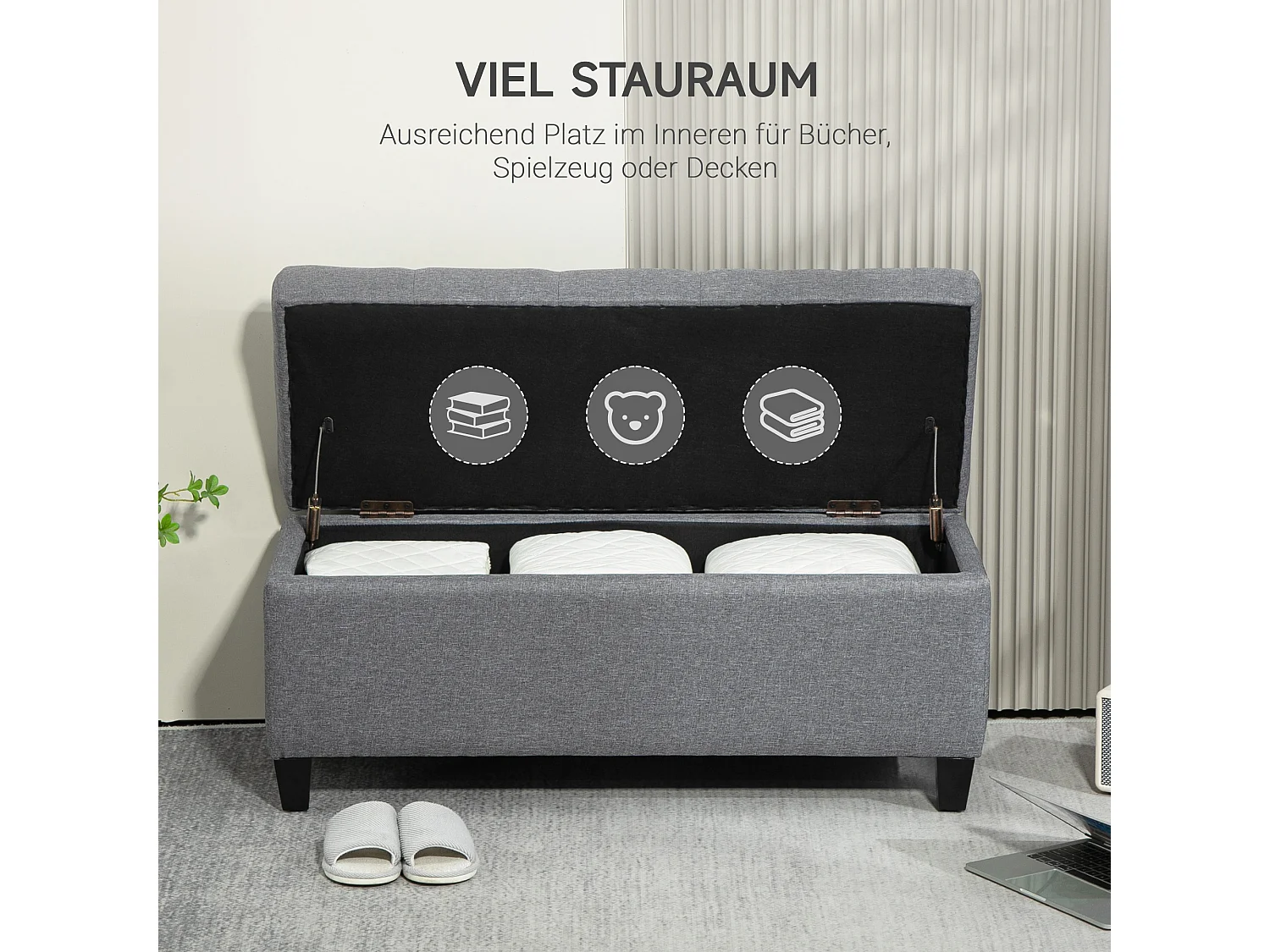 Banc coffre rembourré, rangement intégré, polyester effet lin, bois caoutchouc, gris clair (100x40x44cm)