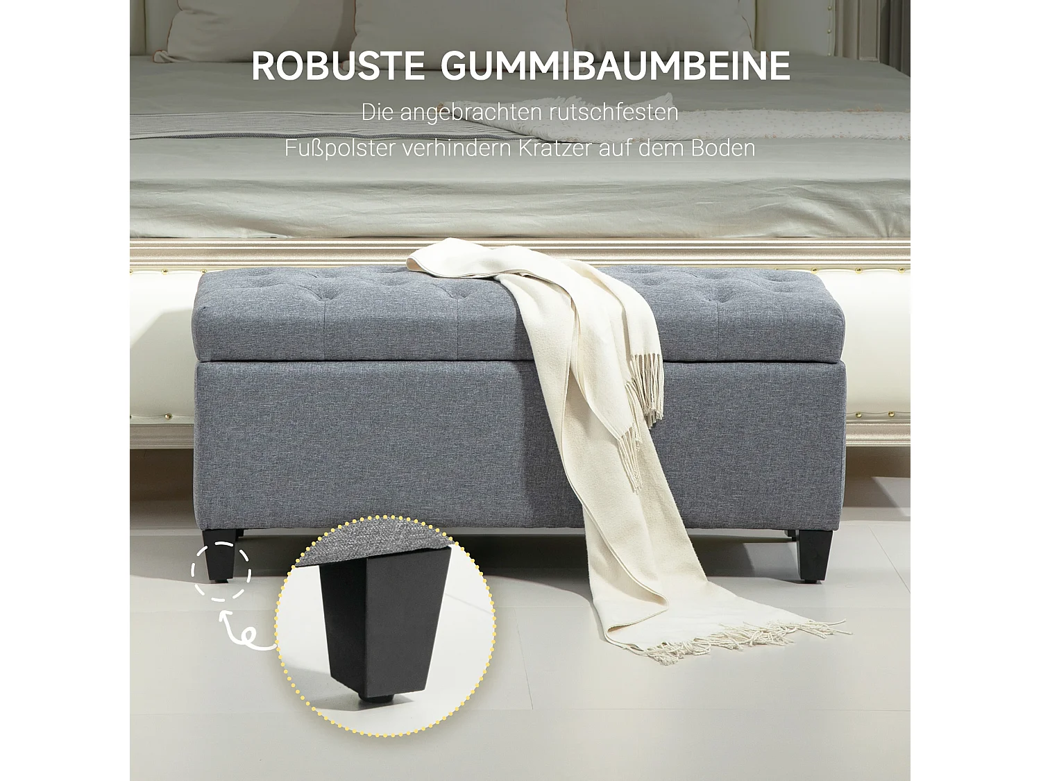 Banc coffre rembourré, rangement intégré, polyester effet lin, bois caoutchouc, gris clair (100x40x44cm)