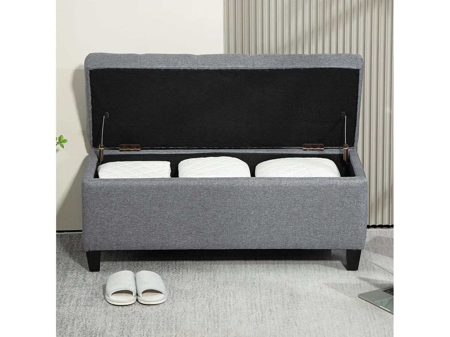 Banc coffre rembourré, rangement intégré, polyester effet lin, bois caoutchouc, gris clair (100x40x44cm)