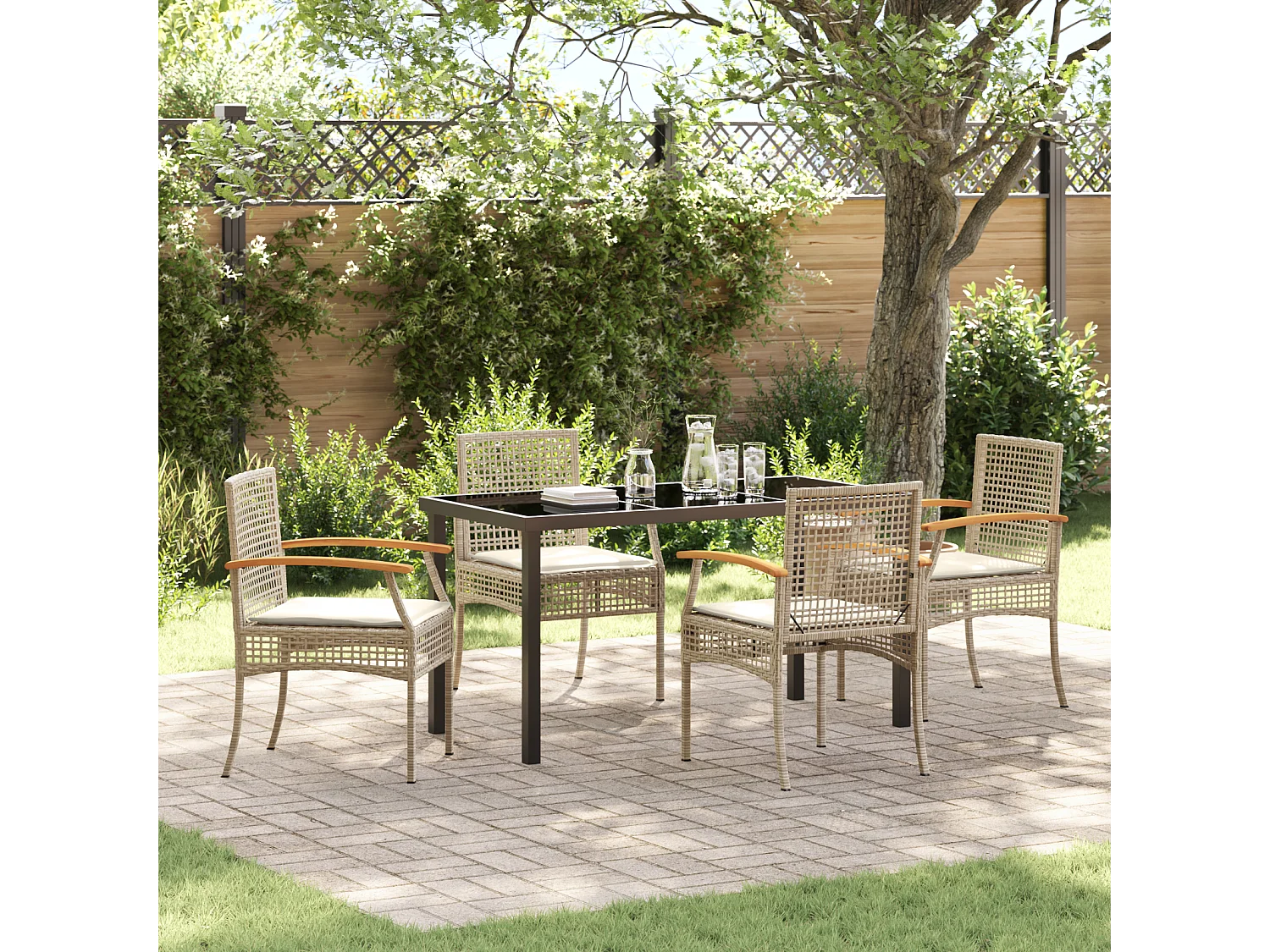 5-delige tuinset met beige polyrotan kussens