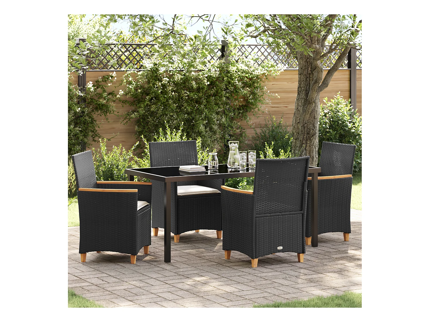 Set da giardino da 5 pezzi con cuscini in polyrattan nero