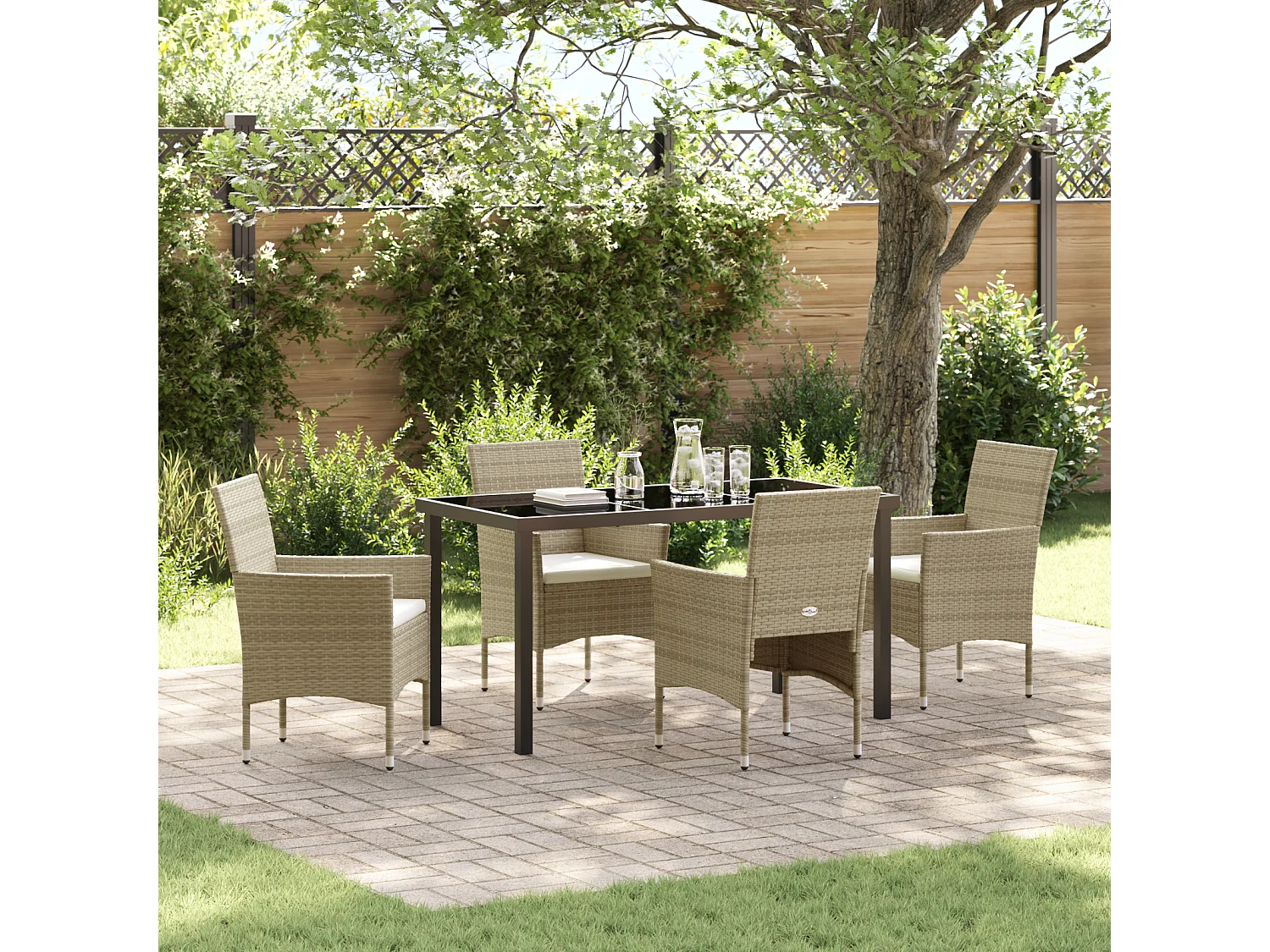 Juego de comedor de jardín de ratán sintético beige de 5 piezas