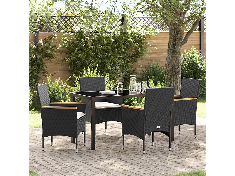Set da pranzo da giardino 5 pezzi con cuscini in rattan nero