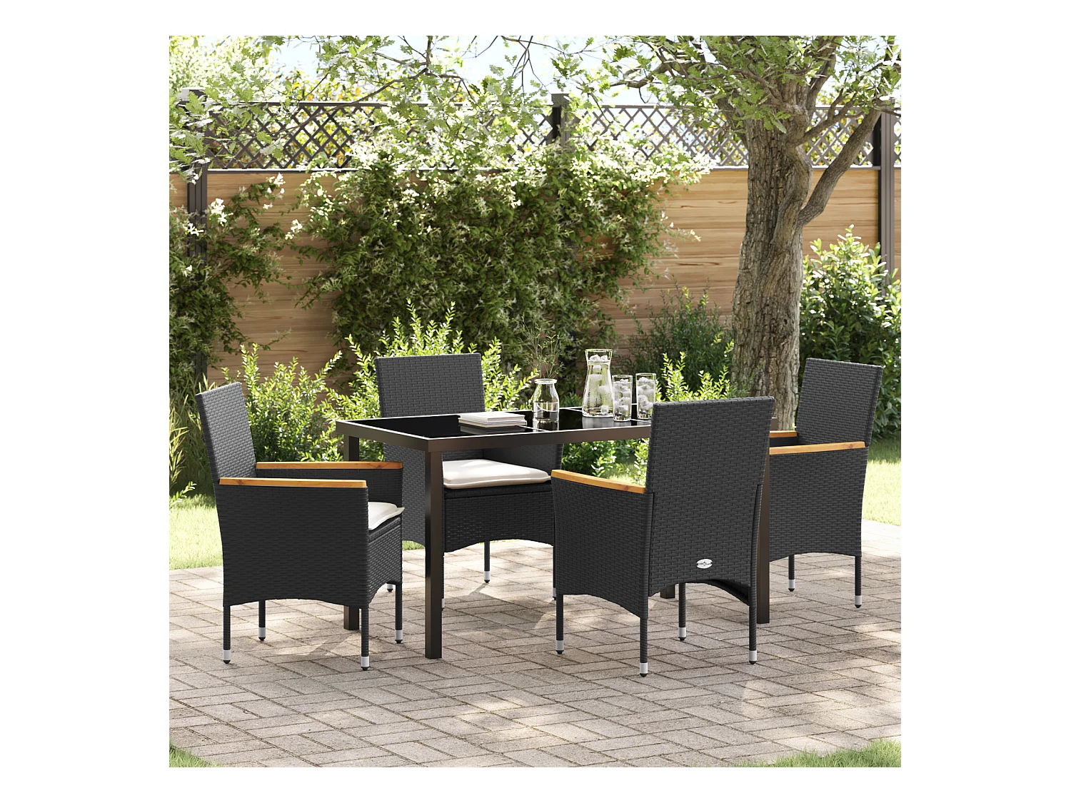 Set da pranzo da giardino 5 pezzi con cuscini in rattan nero