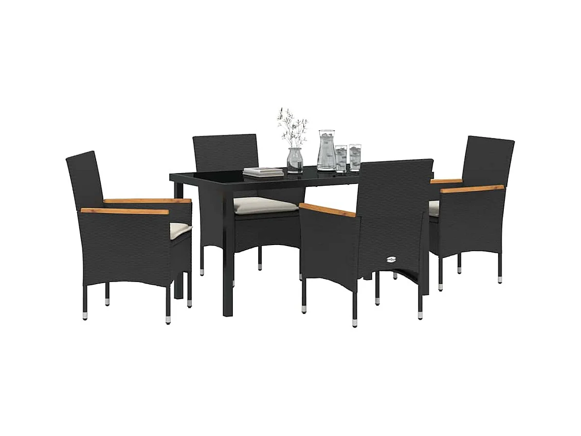 Set da pranzo da giardino 5 pezzi con cuscini in rattan nero