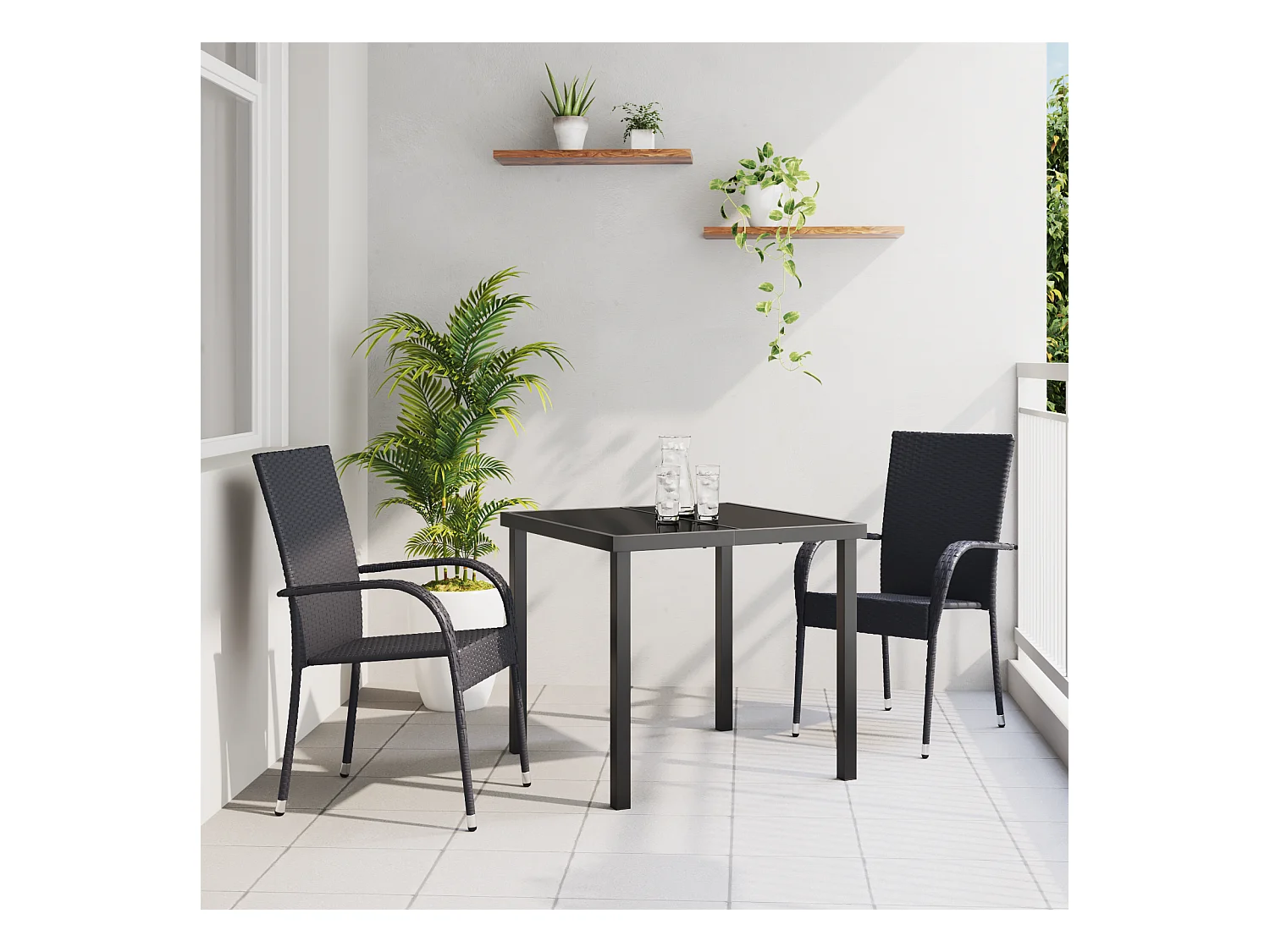 Set da pranzo da giardino in polyrattan nero da 3 pezzi