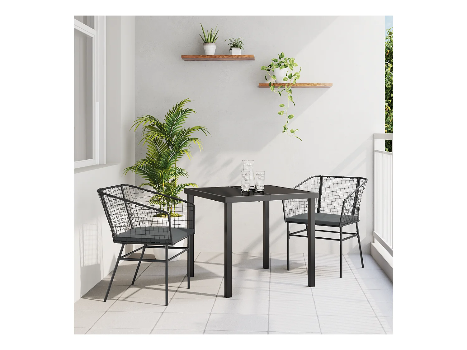 Set de 2 Noir et gris foncé Rattan PE, Acier revêtu de poudre