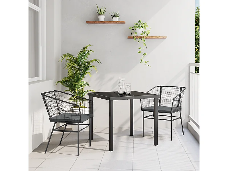 Set de 2 Noir et gris foncé Rattan PE, Acier revêtu de poudre