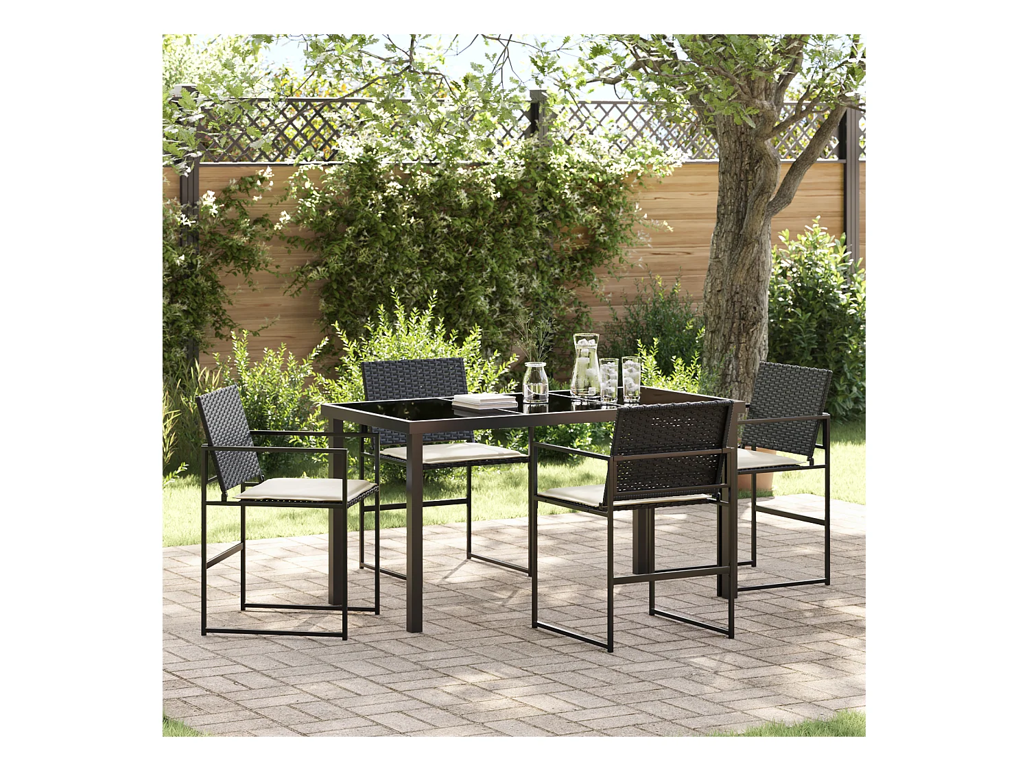 Set da pranzo da giardino 5 pezzi con cuscini in polyrattan nero
