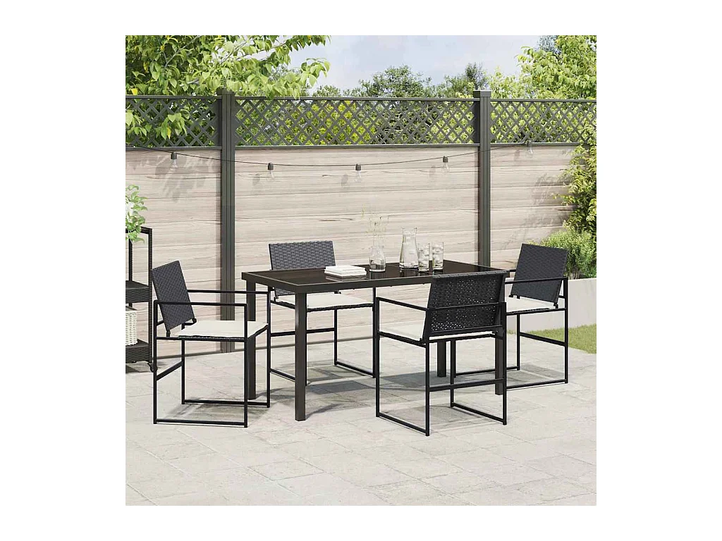 Set da pranzo da giardino 5 pezzi con cuscini in polyrattan nero