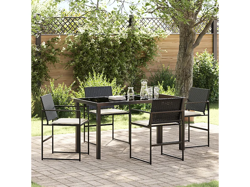 Set da pranzo da giardino 5 pezzi con cuscini in polyrattan nero