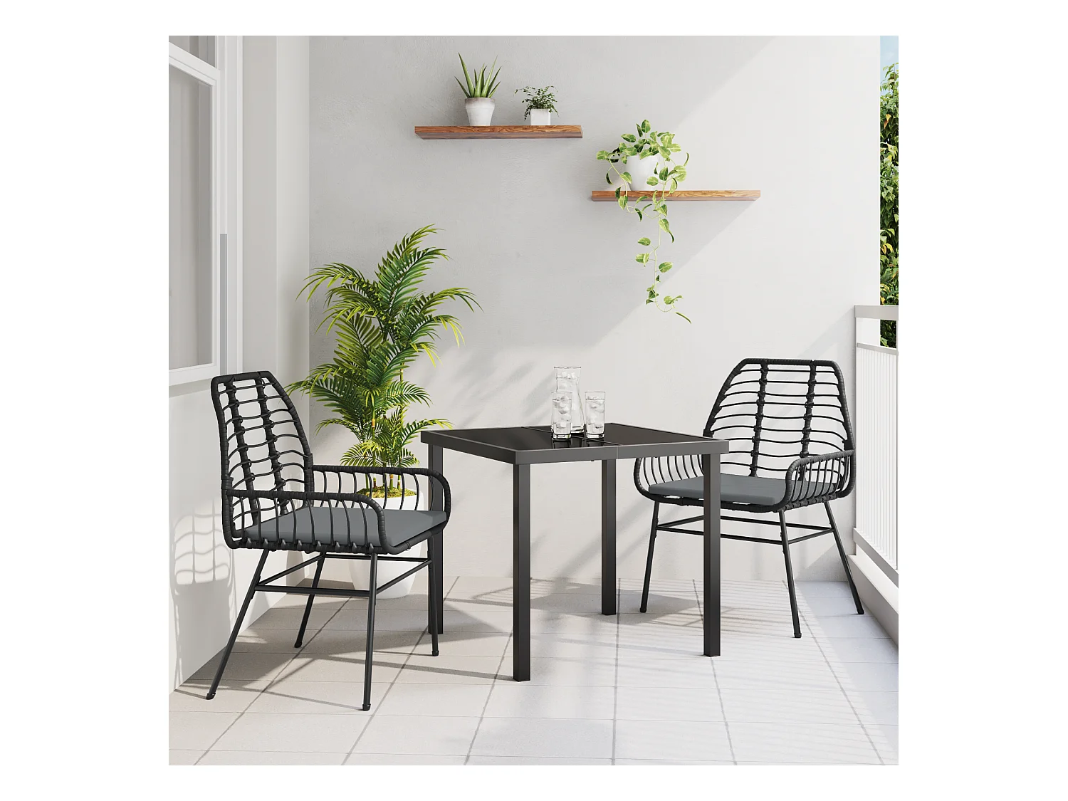 Set da pranzo da giardino 3 pezzi con cuscini in rattan nero Poly