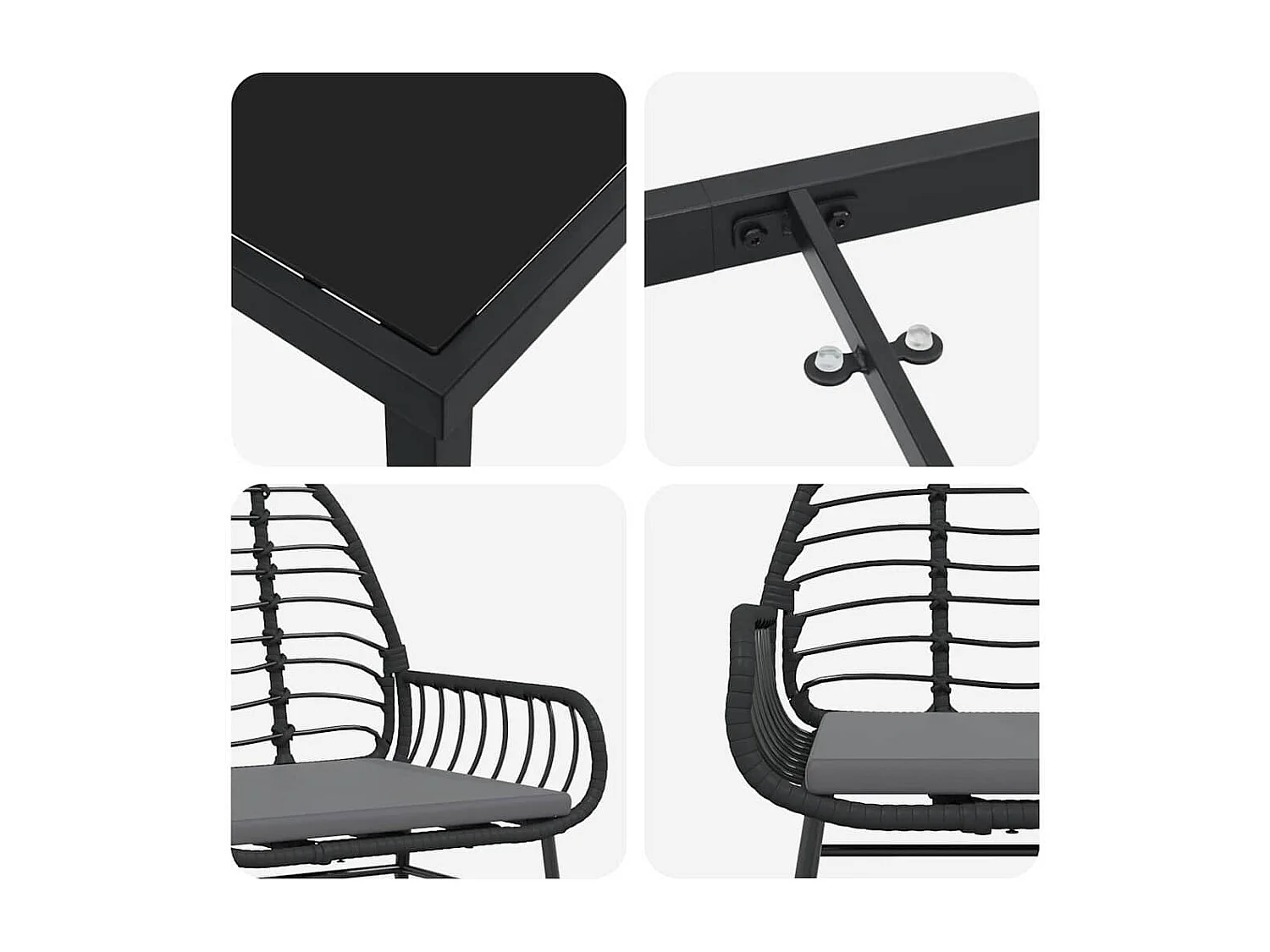 Set da pranzo da giardino 3 pezzi con cuscini in rattan nero Poly