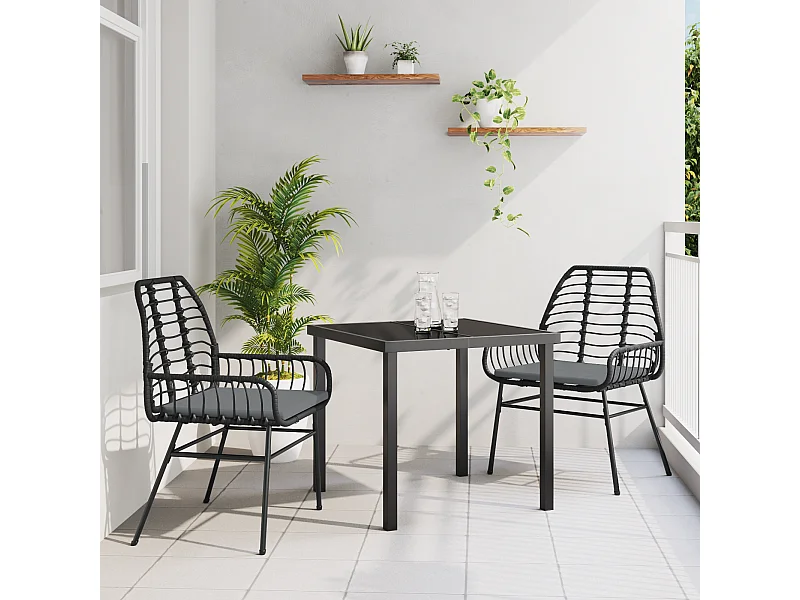 Set da pranzo da giardino 3 pezzi con cuscini in rattan nero Poly