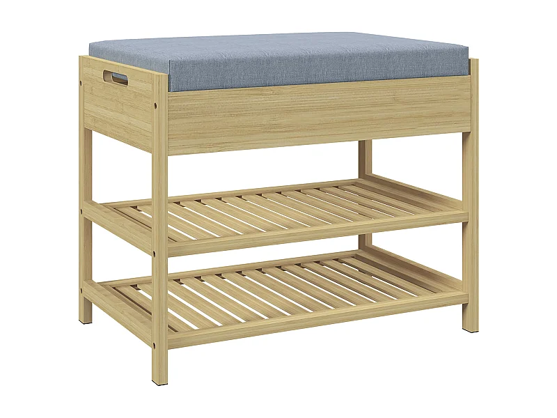 Banc à chaussures en bambou naturel avec 2 étagères et tiroir, coussin confortable, robuste (55x35x46cm)