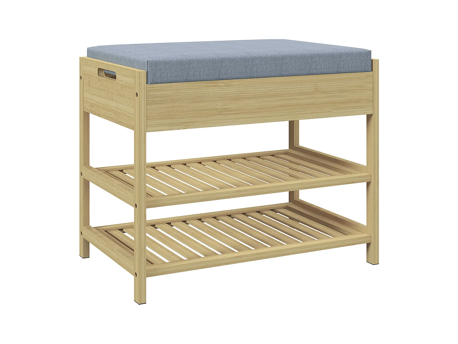 Banc à chaussures en bambou naturel avec 2 étagères et tiroir, coussin confortable, robuste (55x35x46cm)