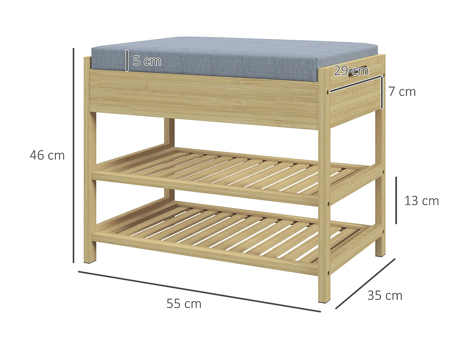 Banc à chaussures en bambou naturel avec 2 étagères et tiroir, coussin confortable, robuste (55x35x46cm)