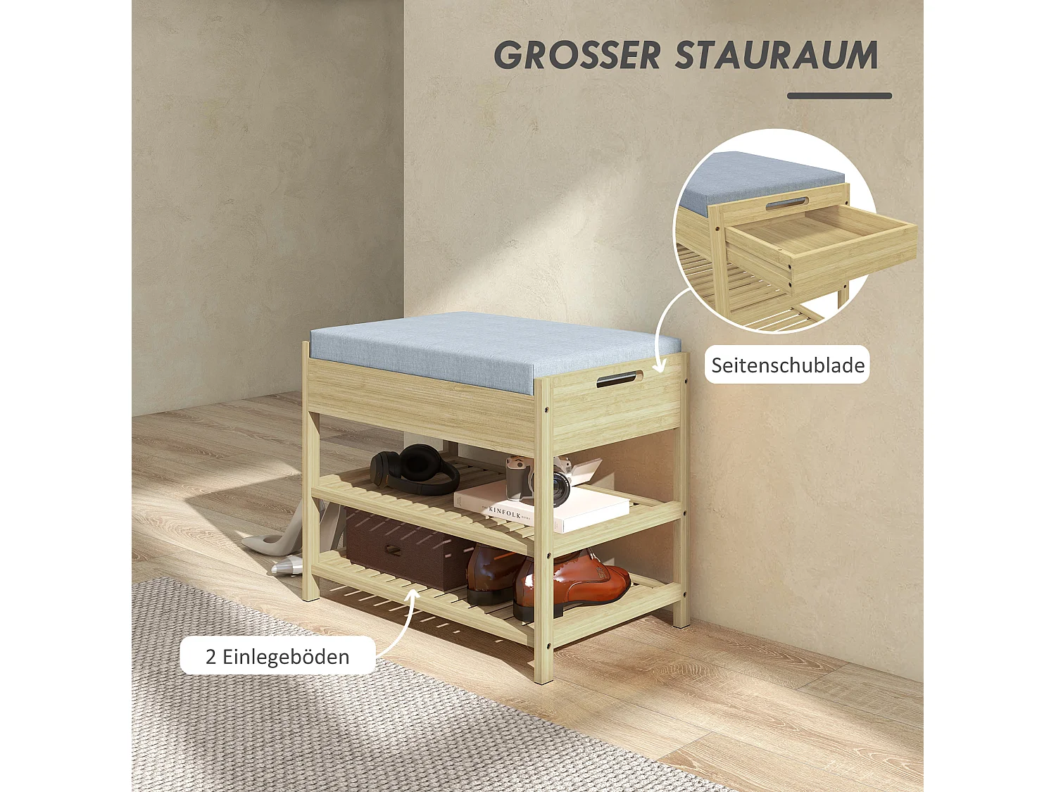 Banc à chaussures en bambou naturel avec 2 étagères et tiroir, coussin confortable, robuste (55x35x46cm)