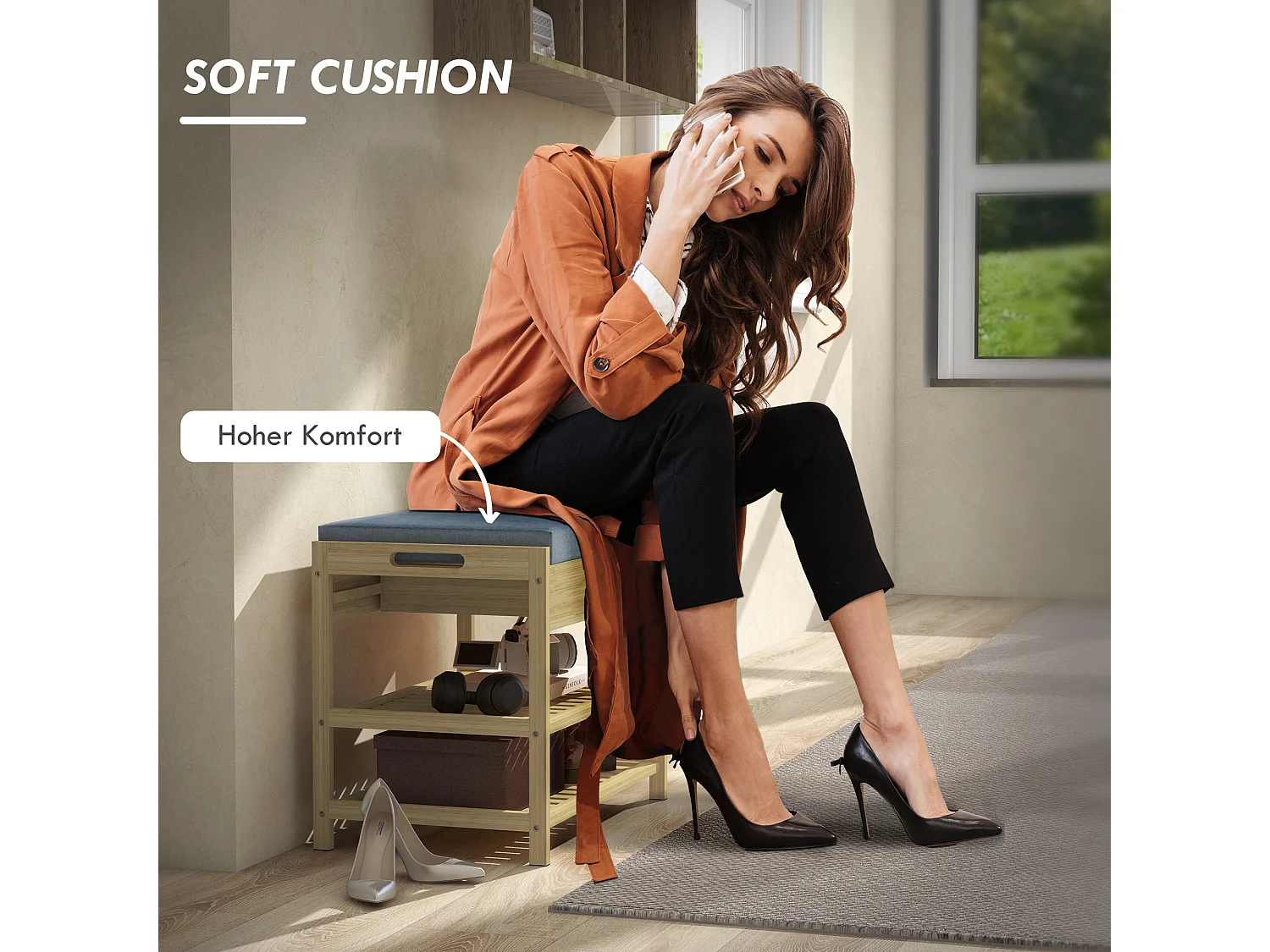 Banc à chaussures en bambou naturel avec 2 étagères et tiroir, coussin confortable, robuste (55x35x46cm)