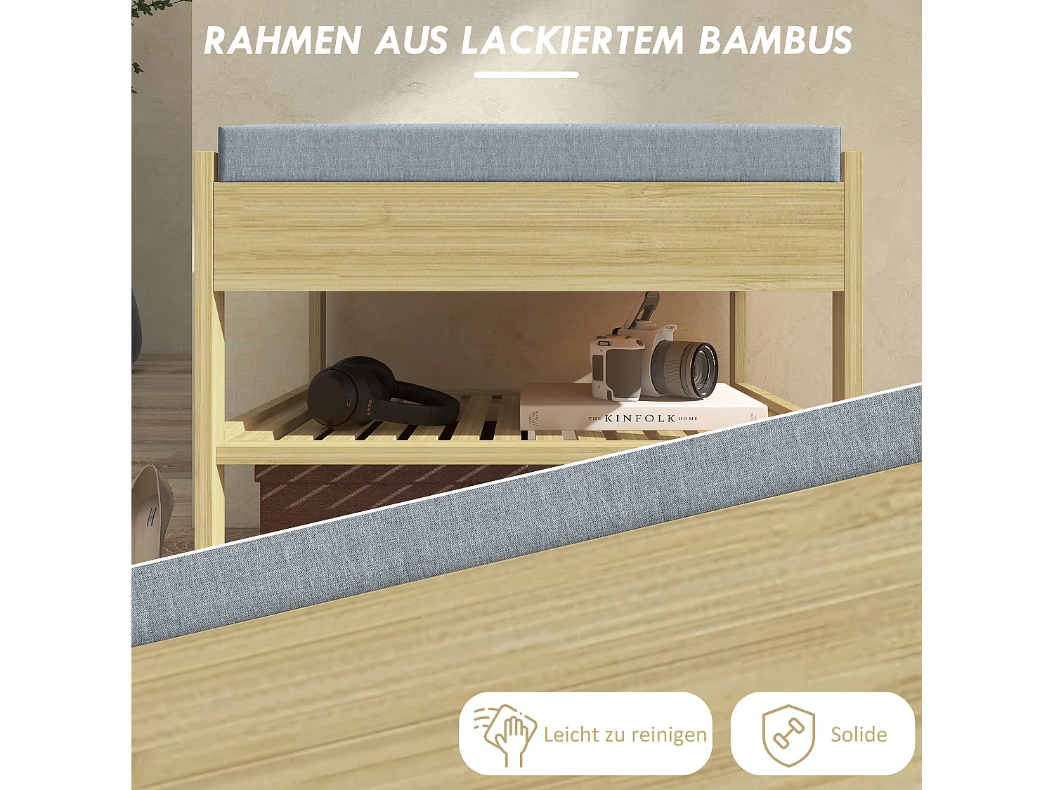 Banc à chaussures en bambou naturel avec 2 étagères et tiroir, coussin confortable, robuste (55x35x46cm)