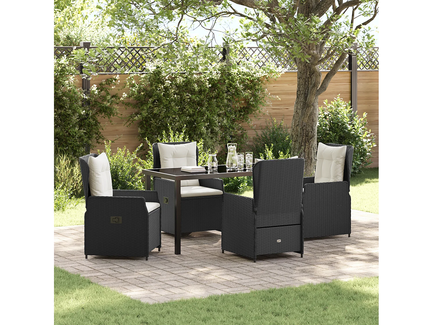 Set da pranzo da giardino in polyrattan nero da 5 pezzi