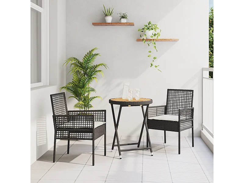 Set da bistrot da giardino 3 pezzi con cuscini in polyrattan nero