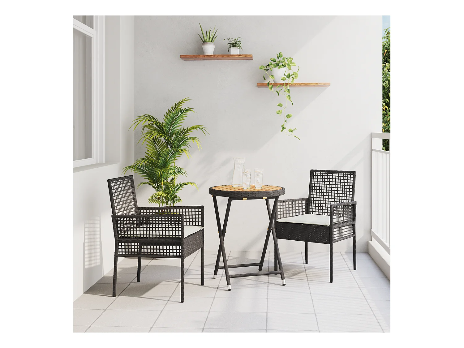 Set da bistrot da giardino 3 pezzi con cuscini in polyrattan nero