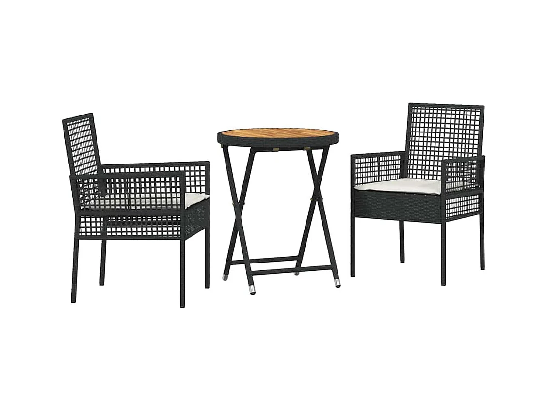 Set da bistrot da giardino 3 pezzi con cuscini in polyrattan nero