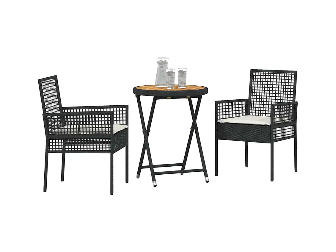 Set da bistrot da giardino 3 pezzi con cuscini in polyrattan nero