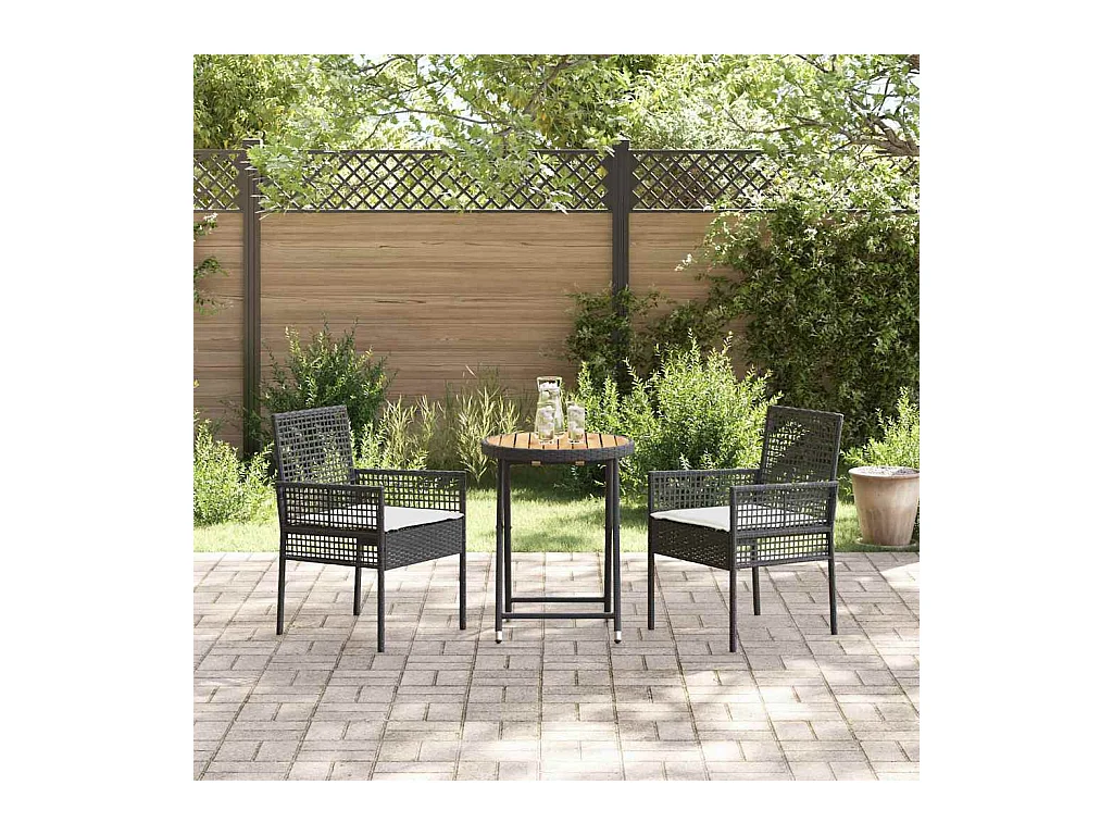 Set da bistrot da giardino 3 pezzi con cuscini in polyrattan nero