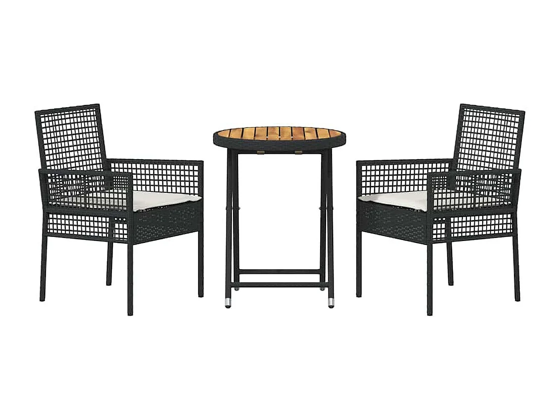 Set da bistrot da giardino 3 pezzi con cuscini in polyrattan nero