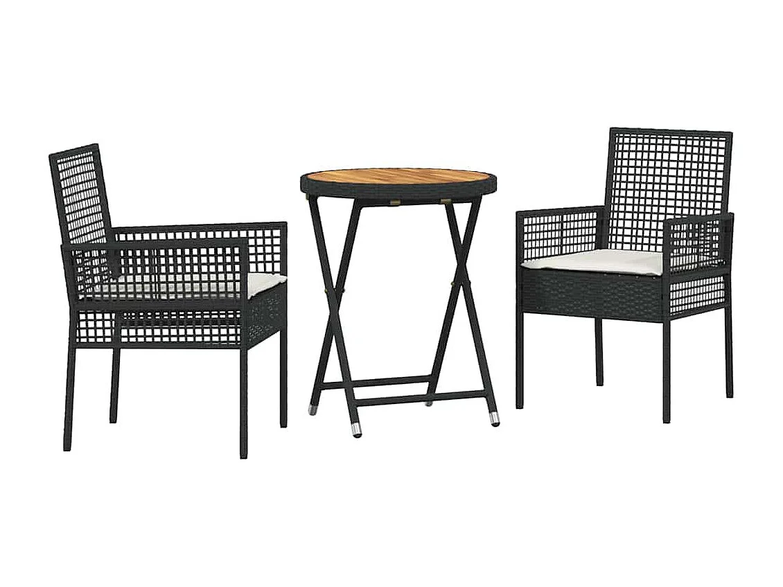 Ensemble Bistro de Jardin 3 pièces avec Coussins en Poly Rattan Noir