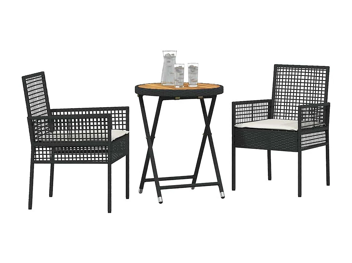 Ensemble Bistro de Jardin 3 pièces avec Coussins en Poly Rattan Noir