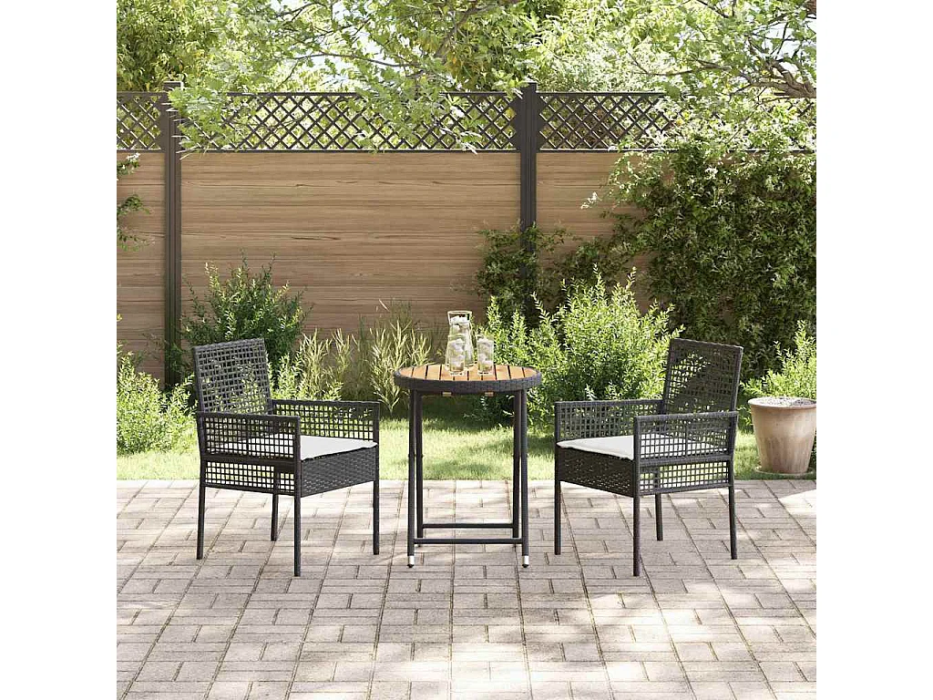 Ensemble Bistro de Jardin 3 pièces avec Coussins en Poly Rattan Noir