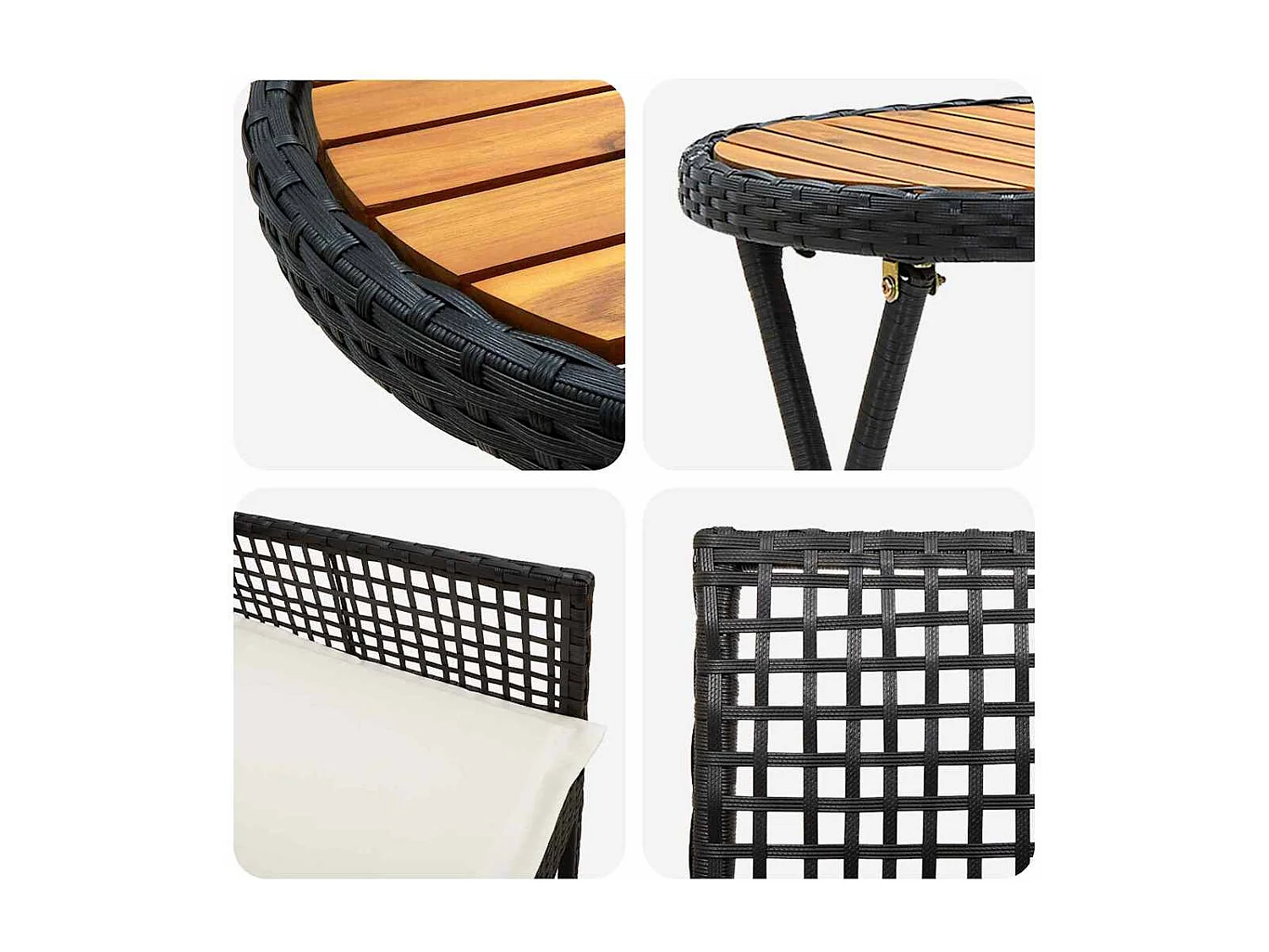 Ensemble Bistro de Jardin 3 pièces avec Coussins en Poly Rattan Noir