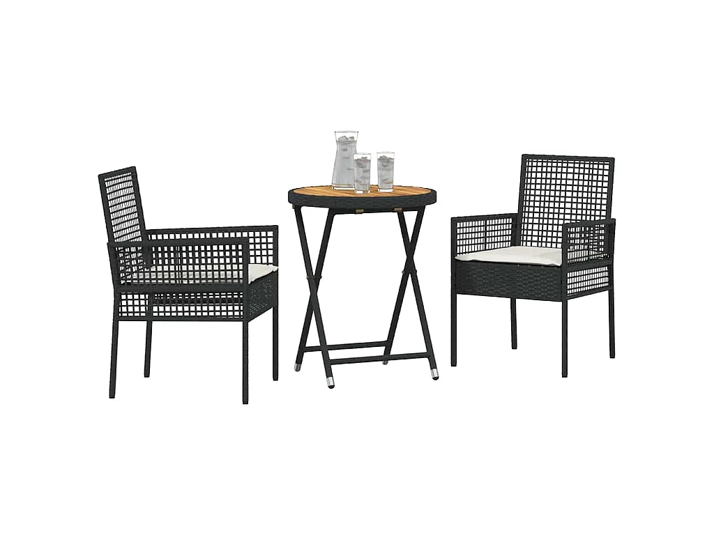 Ensemble Bistro de Jardin 3 pièces avec Coussins en Poly Rattan Noir
