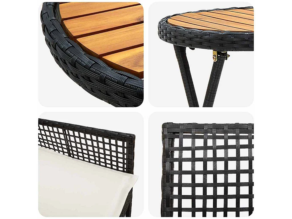 Ensemble Bistro de Jardin 3 pièces avec Coussins en Poly Rattan Noir