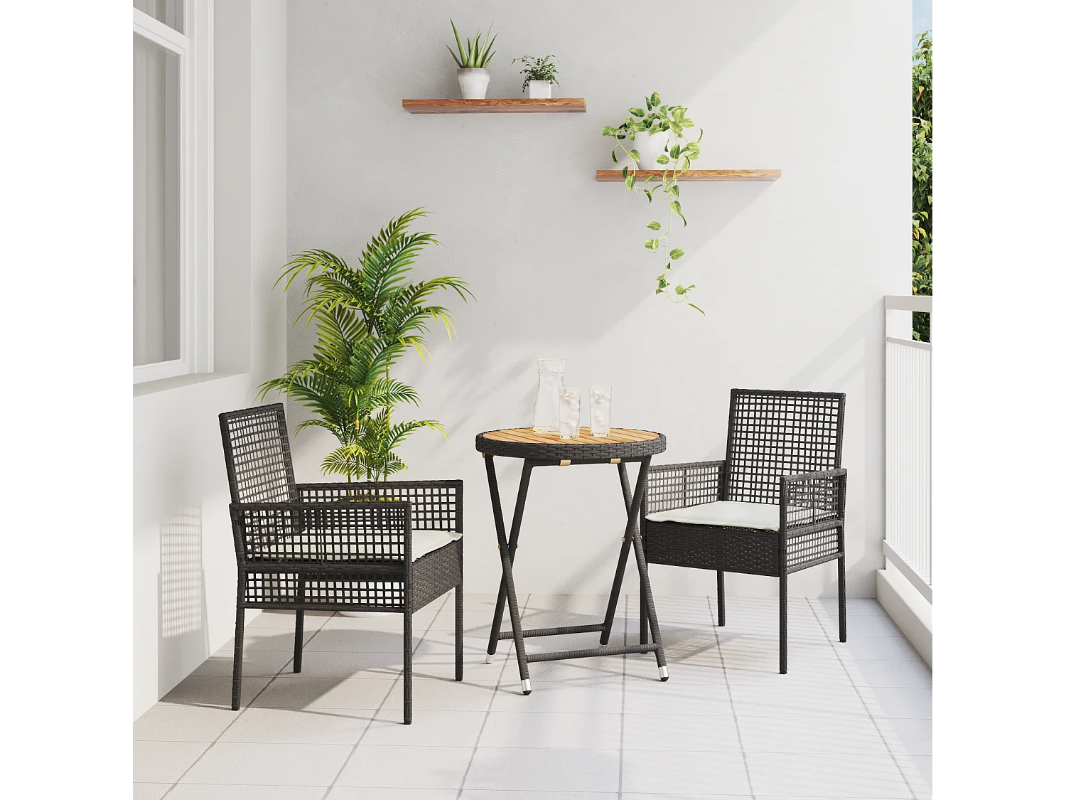 Ensemble Bistro de Jardin 3 pièces avec Coussins en Poly Rattan Noir
