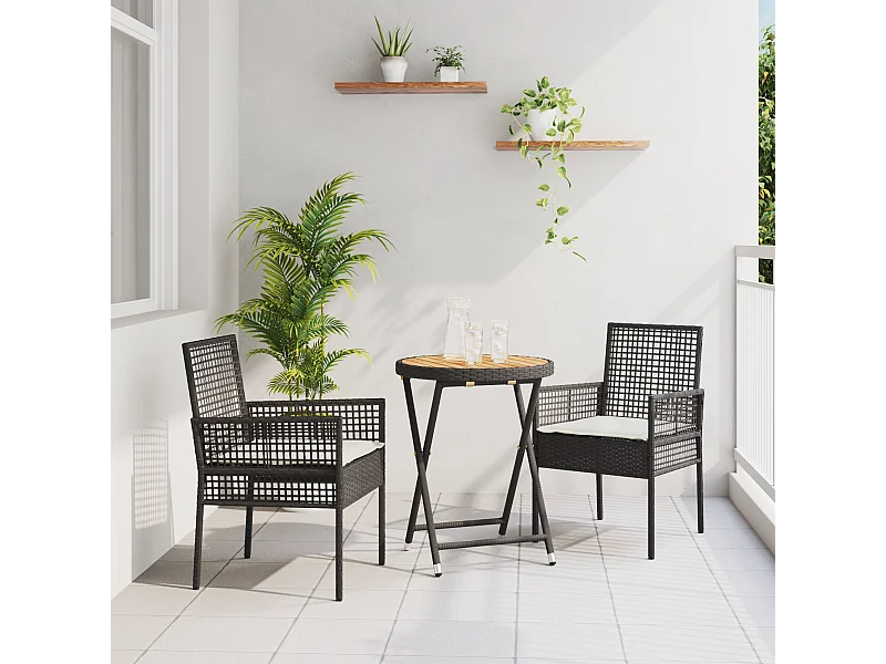 Ensemble Bistro de Jardin 3 pièces avec Coussins en Poly Rattan Noir