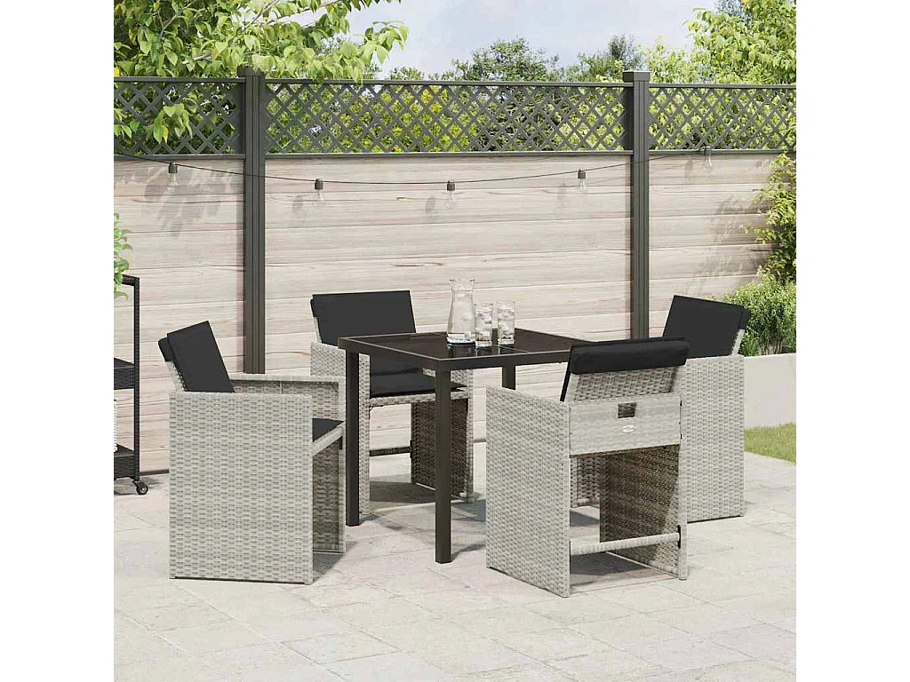 Set de salon de jardin 5 pièces avec coussins gris clair en poly rattan