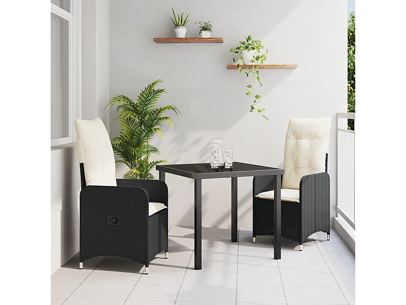 Set de Salle à Manger de Jardin 3 Pièces avec Coussins Noirs en Poly Rattan